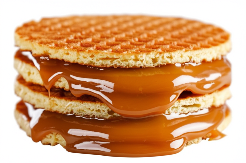 Close-up of fresh stroopwafel with caramel filling
