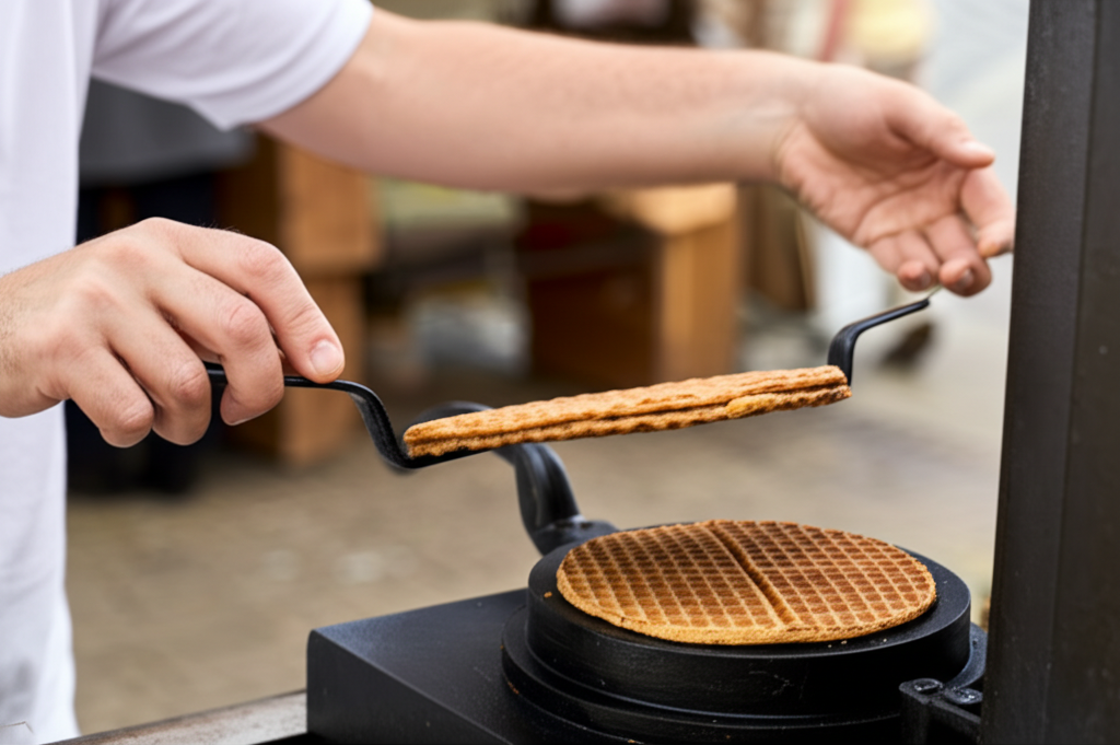 Antique stroopwafel iron from the 19th century being used by a baker