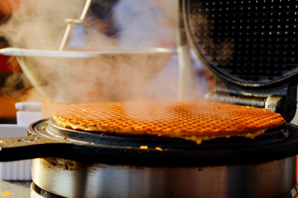 Traditional stroopwafel being made on an antique iron